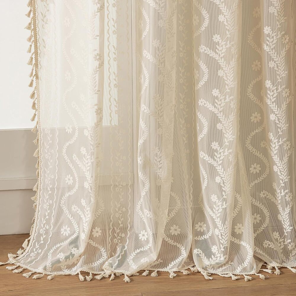 Boho Lace Curtains 2 Panels 84 Inches -Cute Vintage Victorian Sheer Panel